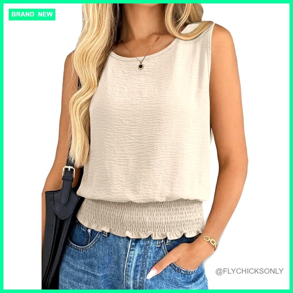 Sleeveless Smocked Bottom Tank Top, Slim Fit Summer Casual Cami
